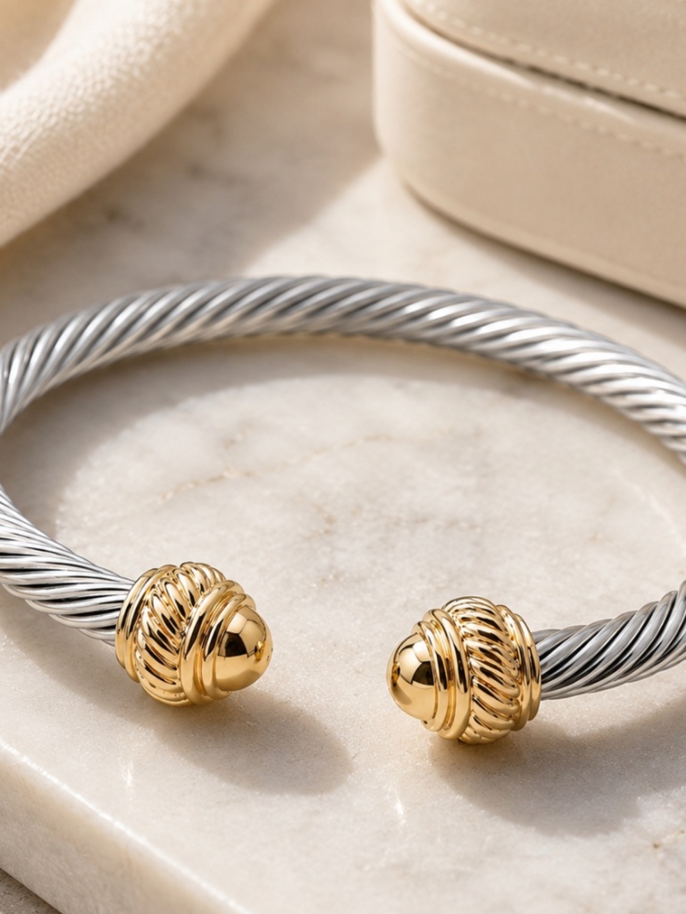 Two-Tone Twisted Cable Cuff Bracelet - Silver and Gold - Picture 5 of 8
